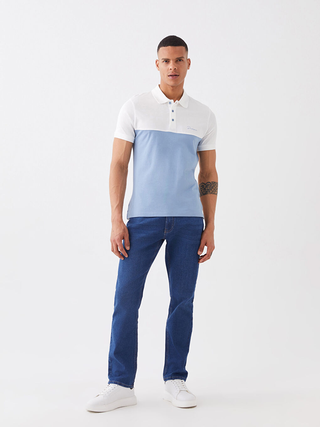 Beyaz Polo Yaka Kısa Kollu Renk Bloklu Erkek Tişört-3