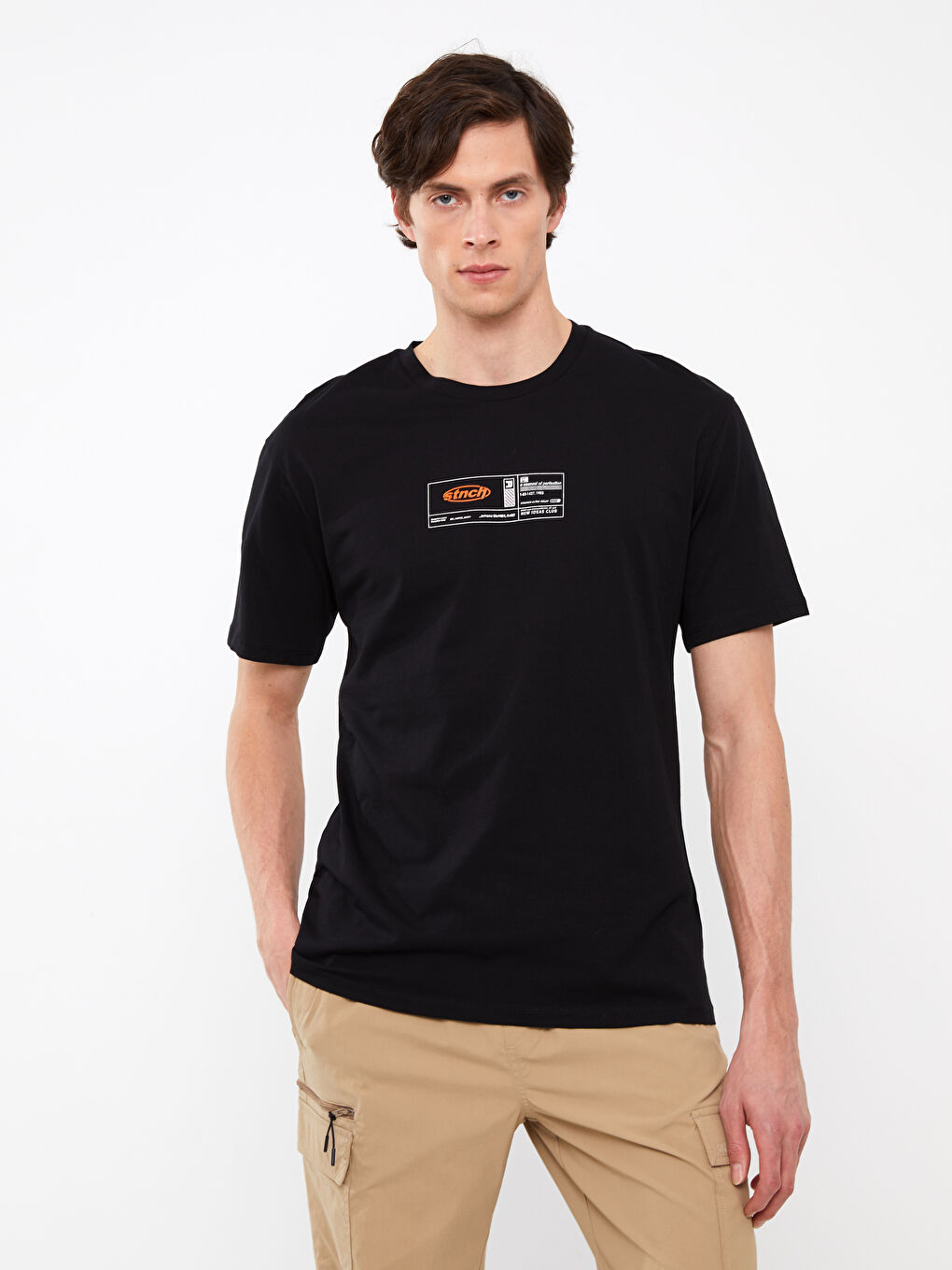 Siyah Bisiklet Yaka Kısa Kollu Baskılı Penye Erkek Tişört-1