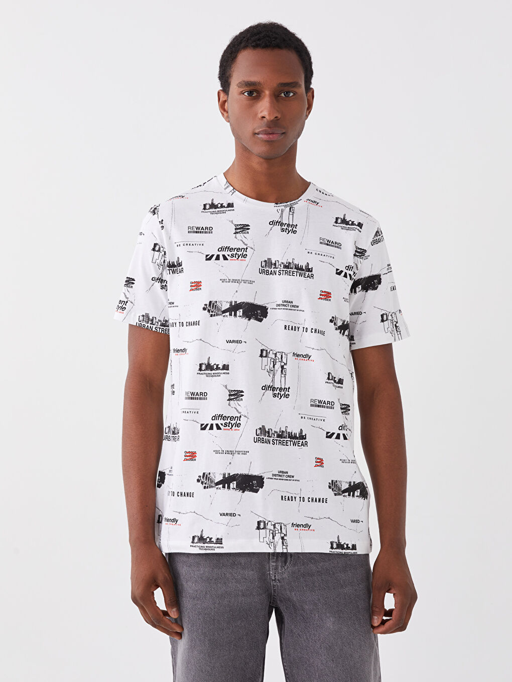 Beyaz Bisiklet Yaka Kısa Kollu Desenli Penye Erkek Tişört