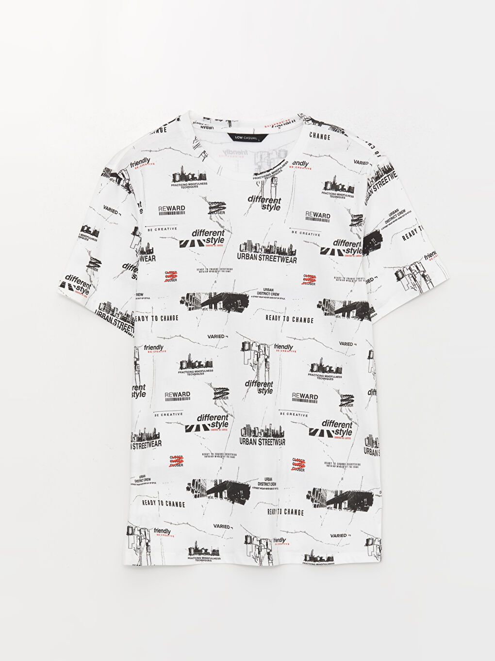 Beyaz Bisiklet Yaka Kısa Kollu Desenli Penye Erkek Tişört-5