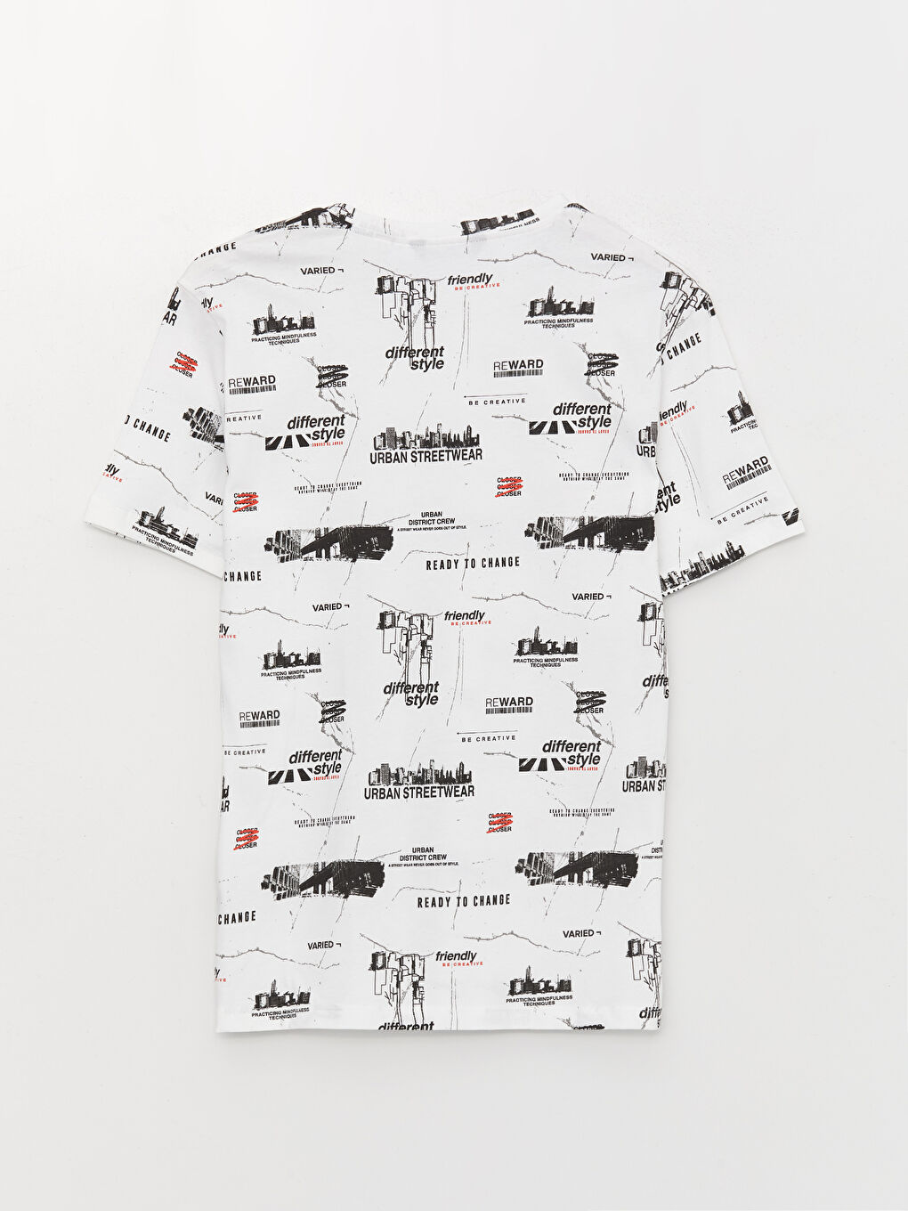 Beyaz Bisiklet Yaka Kısa Kollu Desenli Penye Erkek Tişört-6