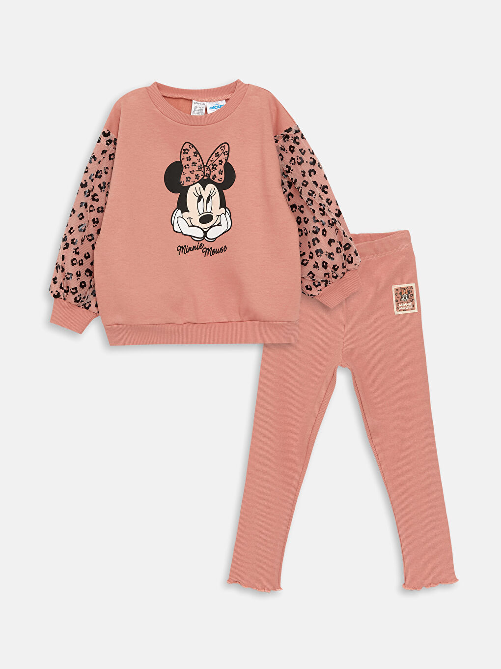 Pembe Bisiklet Yaka Uzun Kollu Minnie Mouse Baskılı Kız Bebek Sweatshirt ve Tayt 2'li Takım