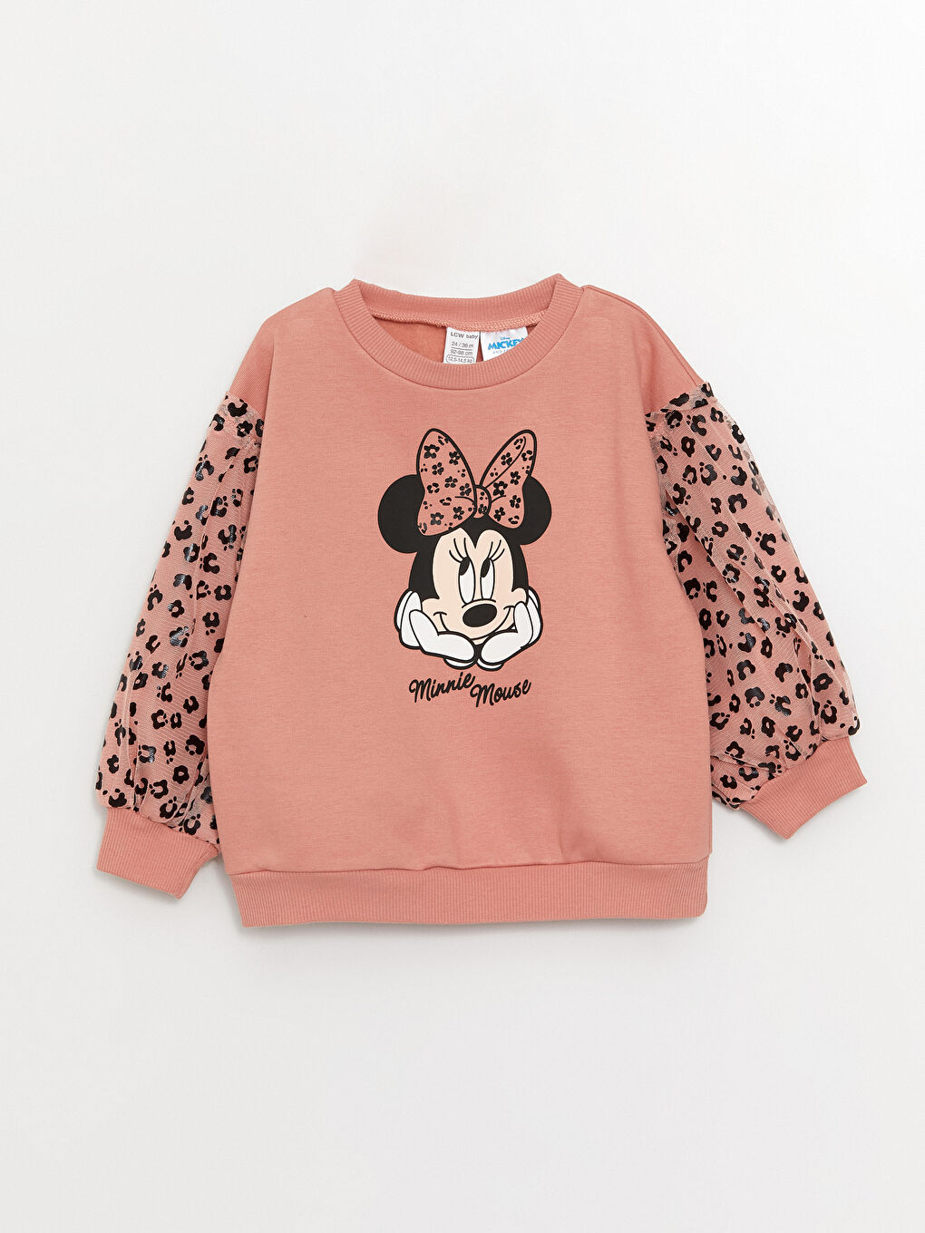 Pembe Bisiklet Yaka Uzun Kollu Minnie Mouse Baskılı Kız Bebek Sweatshirt ve Tayt 2'li Takım-1