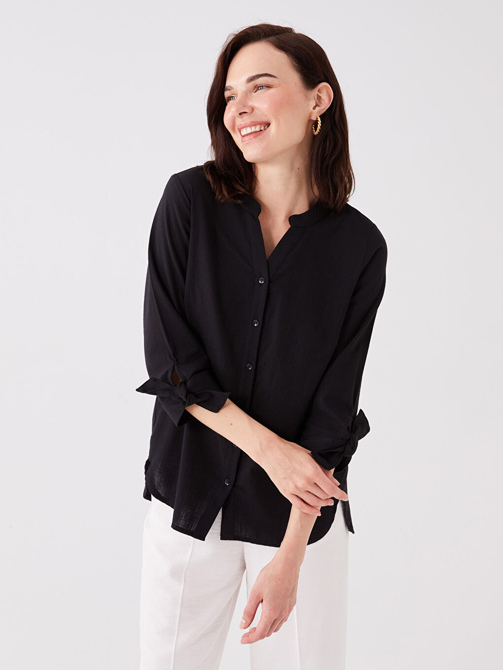 Henley Neckline Poplin Women's Blouse