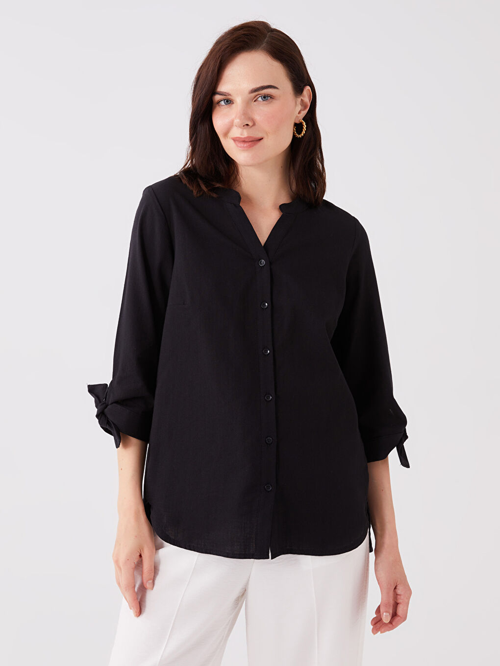 Henley Neckline Poplin Women's Blouse-1