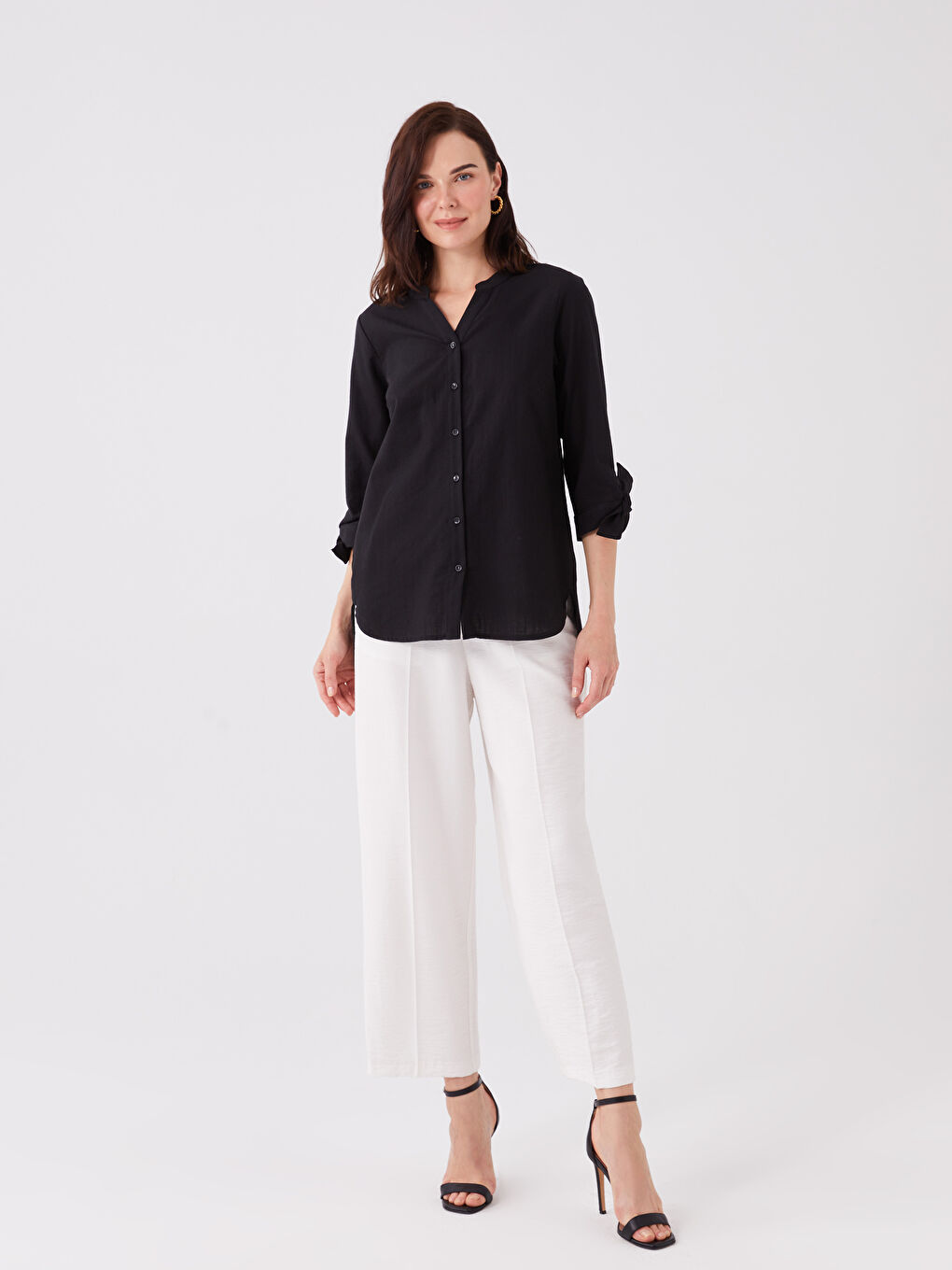 Henley Neckline Poplin Women's Blouse-2