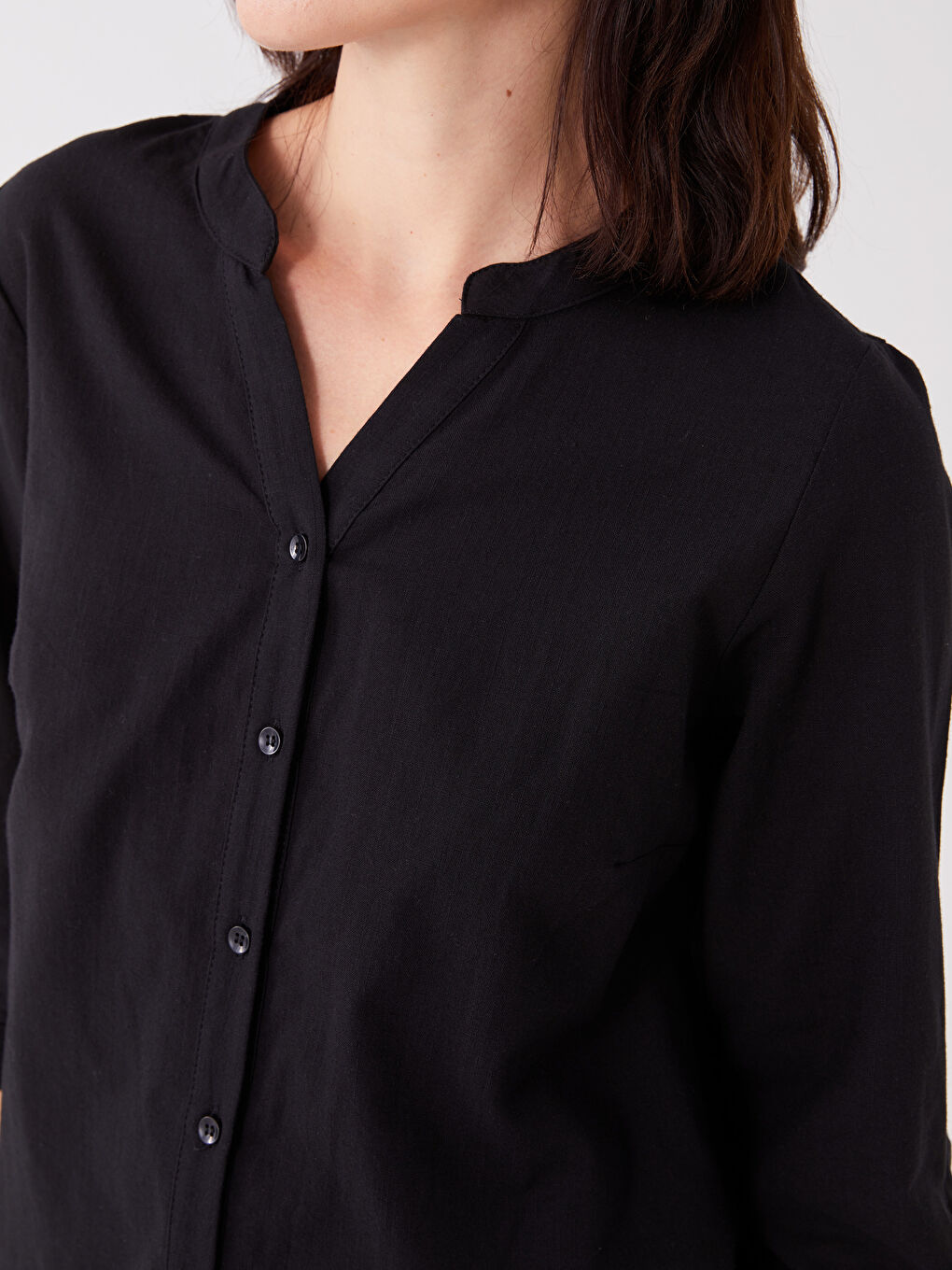 Henley Neckline Poplin Women's Blouse-3