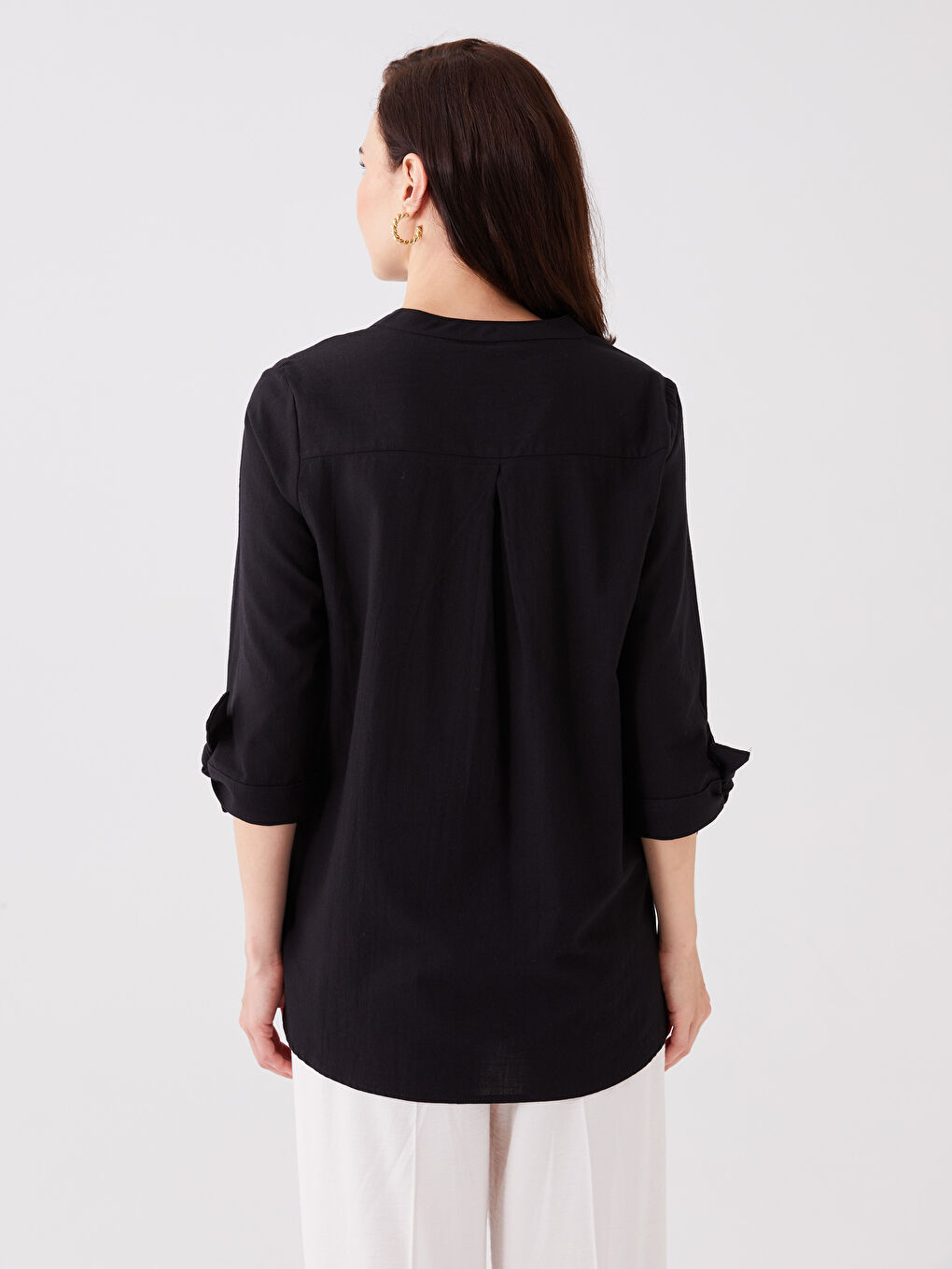 Henley Neckline Poplin Women's Blouse-4