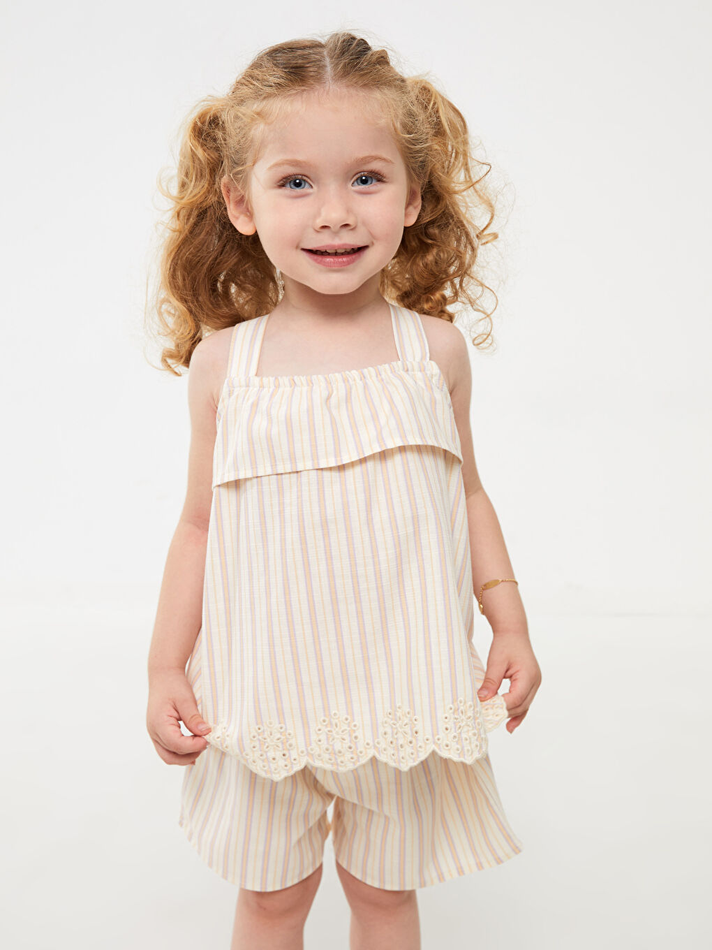 بلوزة وشورت مخطط بياقة مربعة لبنات رضع - طقم 2 قطع-2