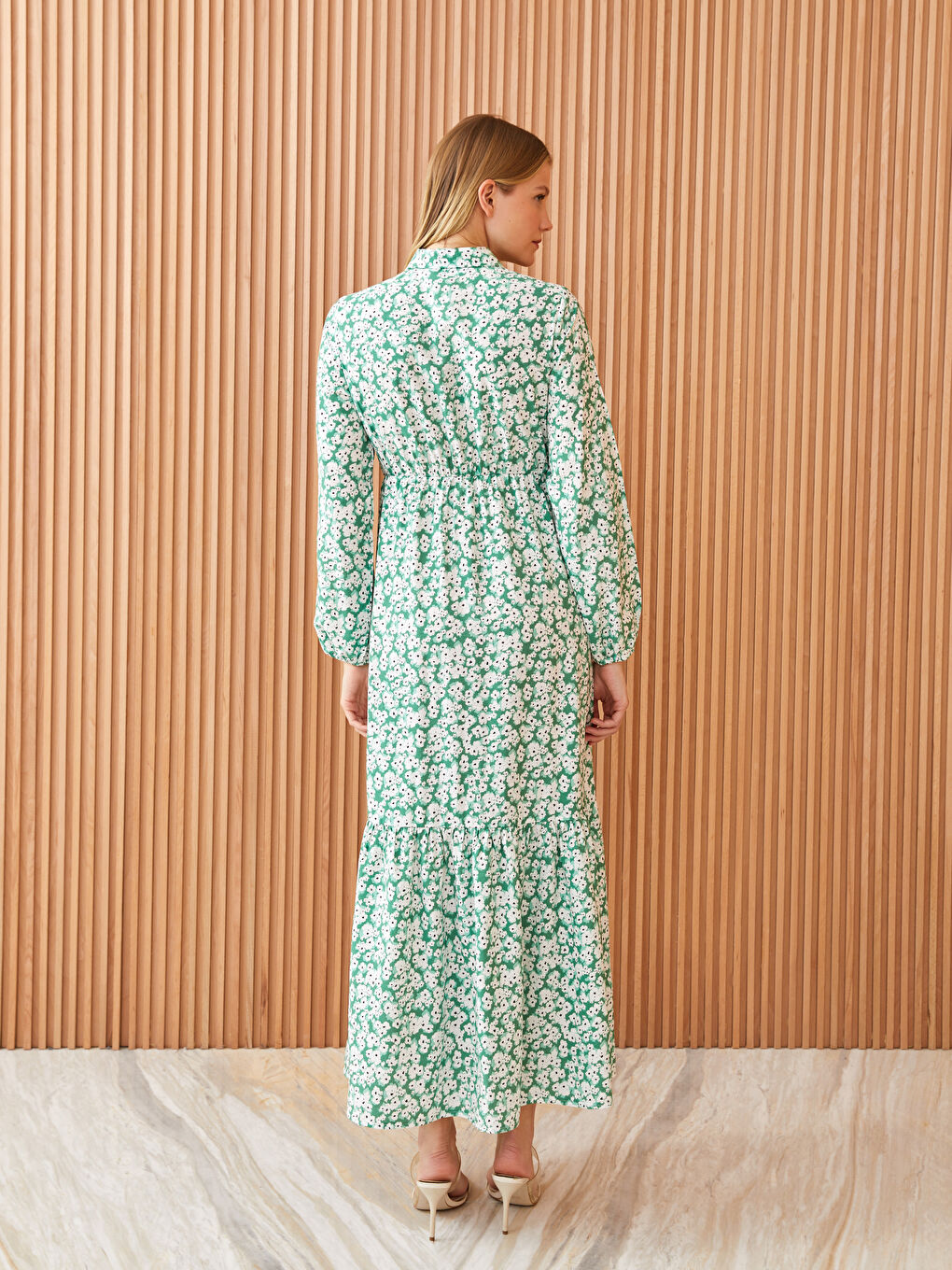Yeşil Çiçekli Uzun Kollu Kadın Gömlek Elbise-3