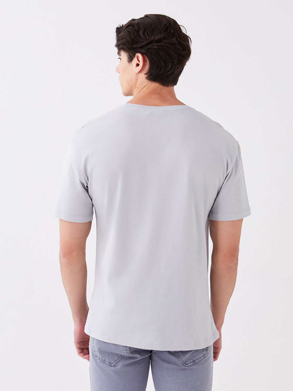 Gri Bisiklet Yaka Kısa Kollu Baskılı Penye Erkek Tişört-4