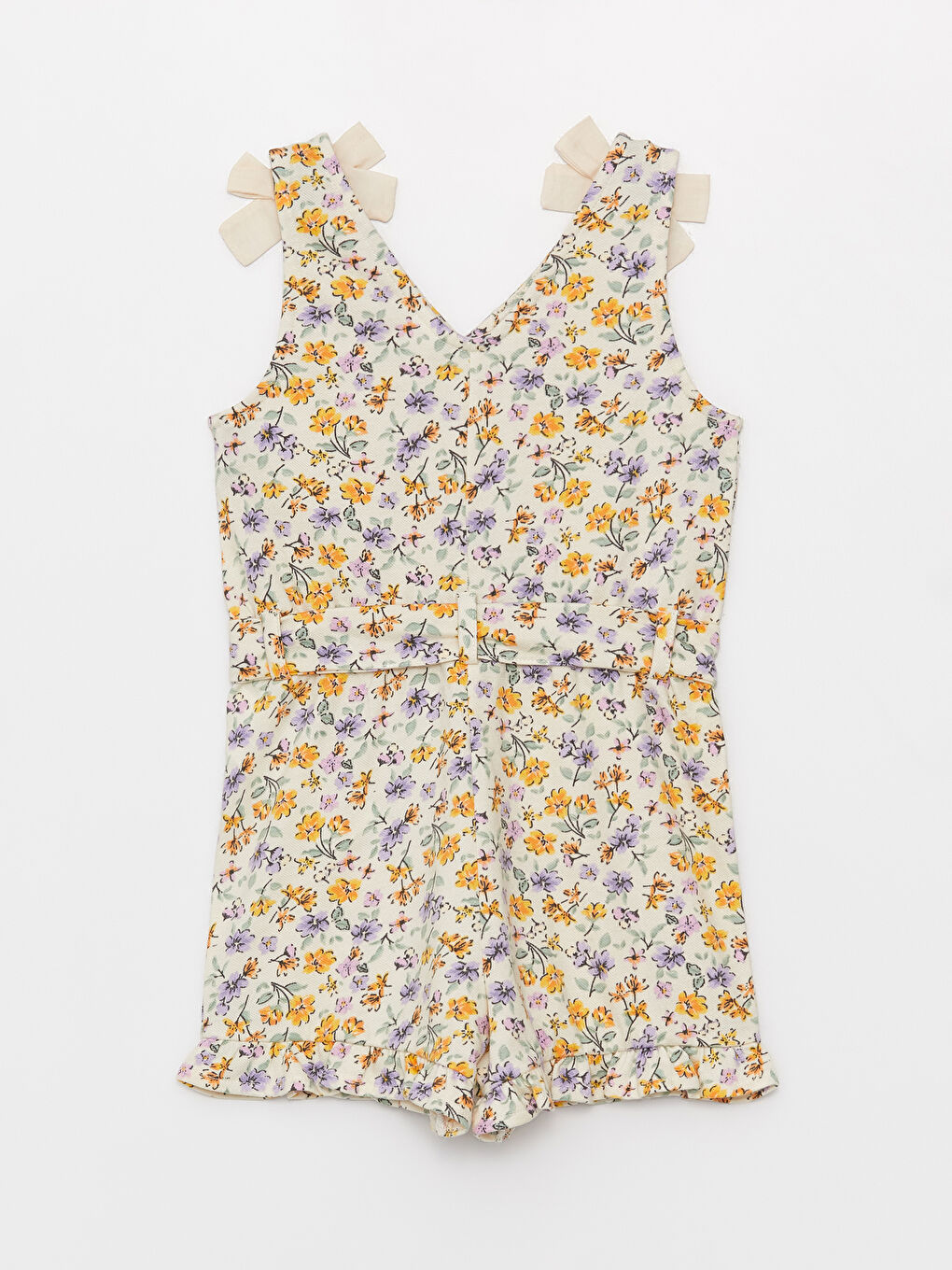 Ekru V Yaka Desenli Kız Bebek Tulum-1