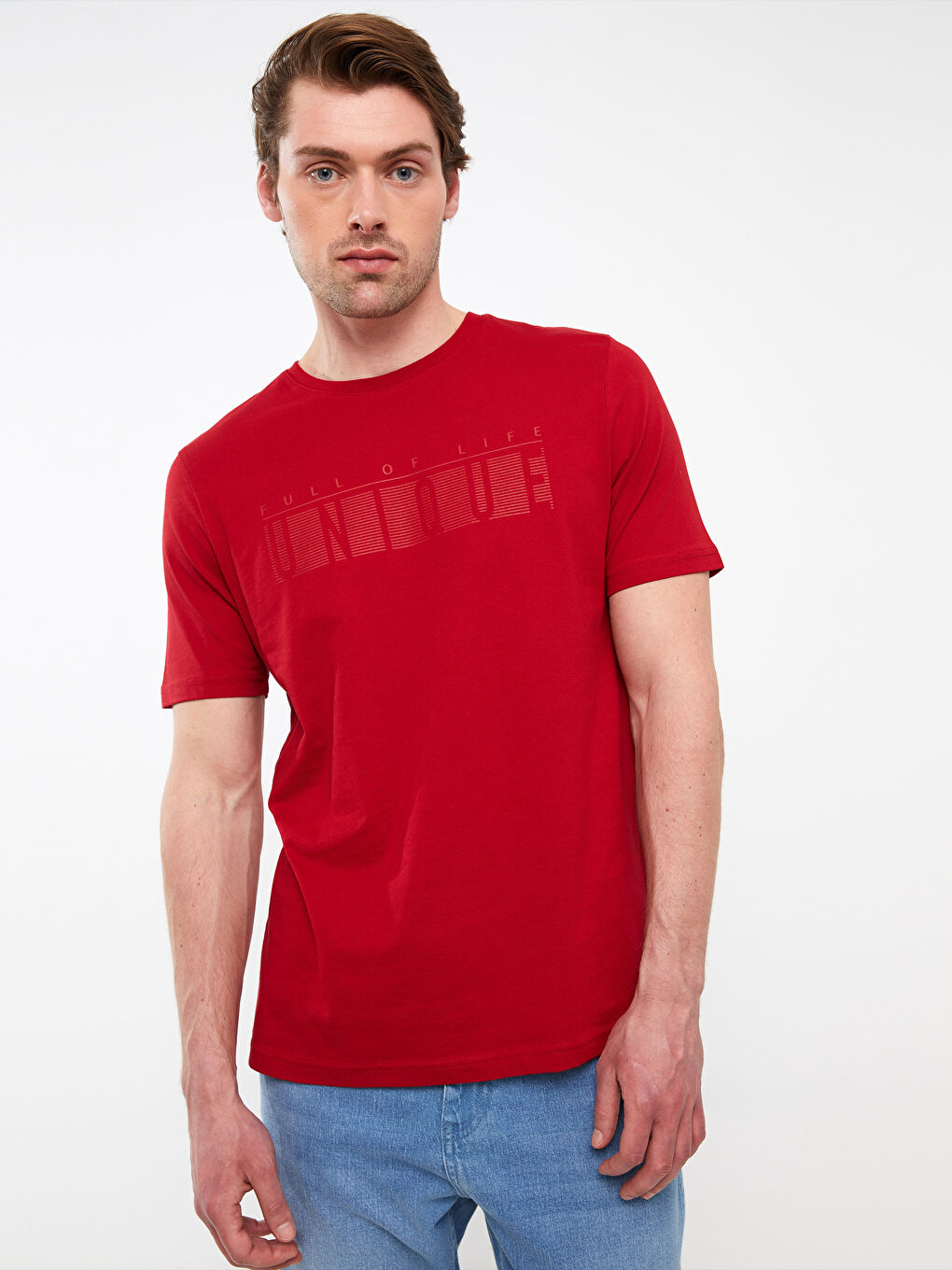 Kırmızı Bisiklet Yaka Kısa Kollu Baskılı Penye Erkek Tişört