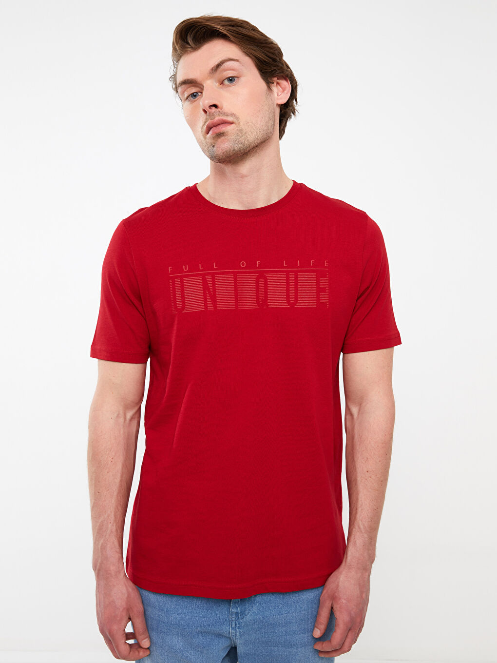 Kırmızı Bisiklet Yaka Kısa Kollu Baskılı Penye Erkek Tişört-1