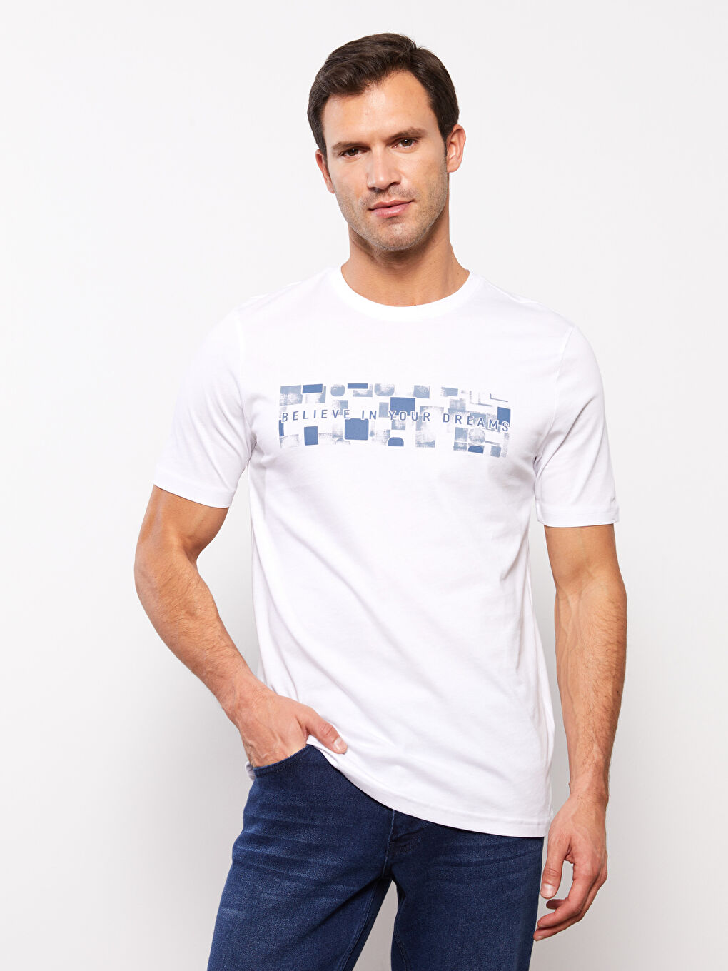 Beyaz Bisiklet Yaka Kısa Kollu Baskılı Penye Erkek Tişört