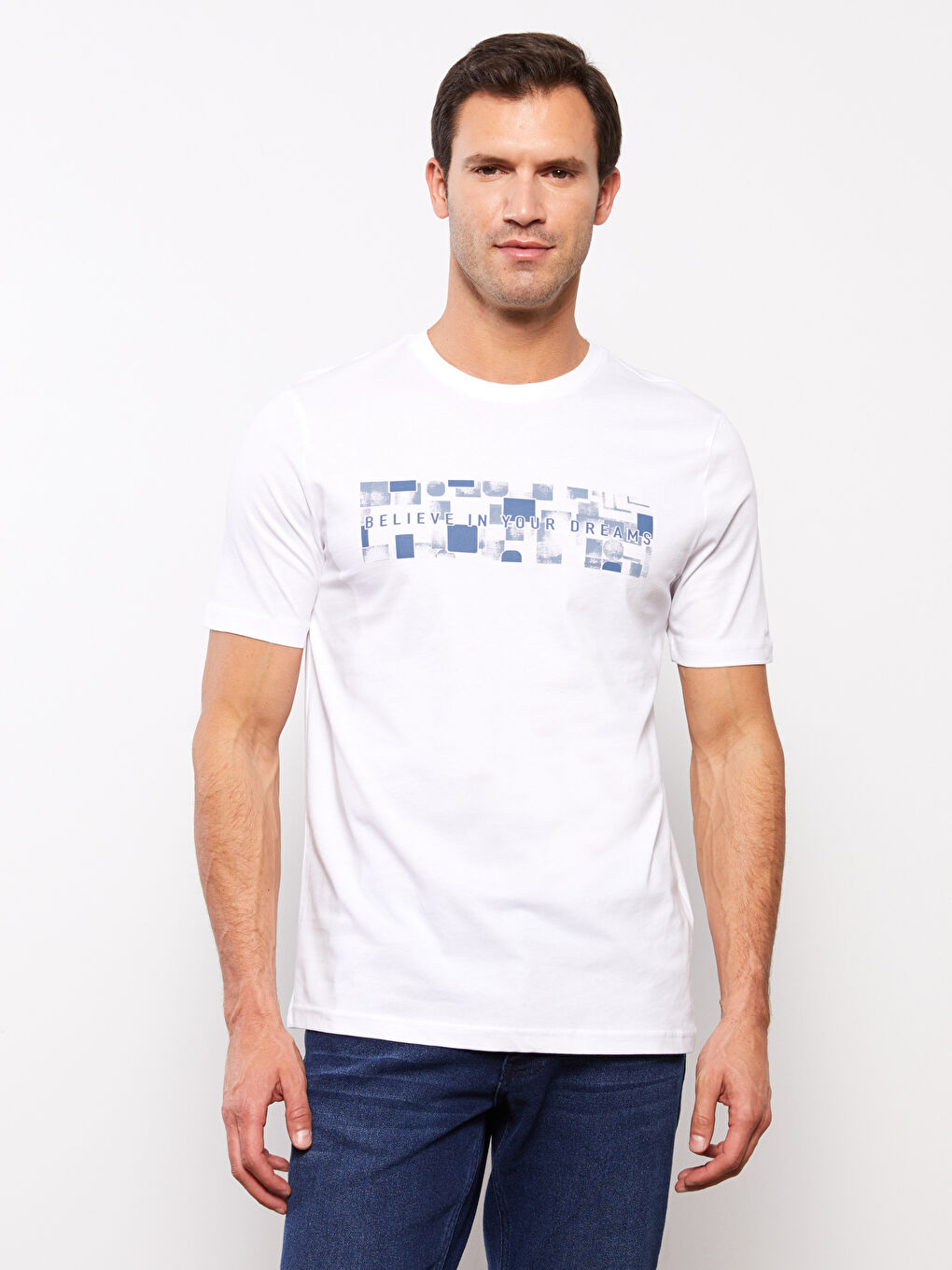 Beyaz Bisiklet Yaka Kısa Kollu Baskılı Penye Erkek Tişört-2