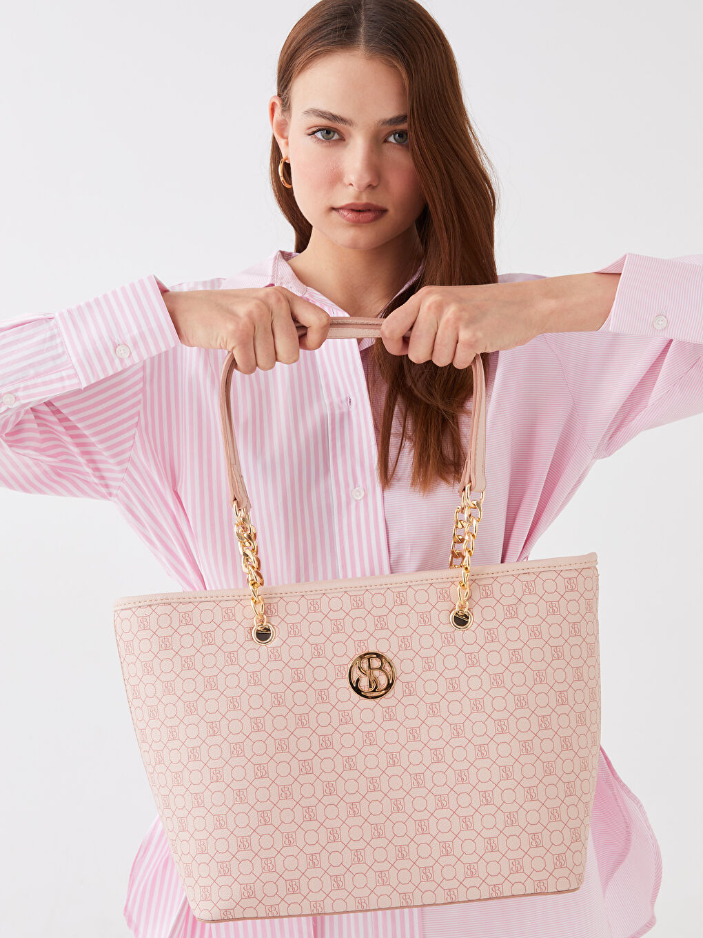 Pembe Monogram Desenli Kadın Tote Çanta