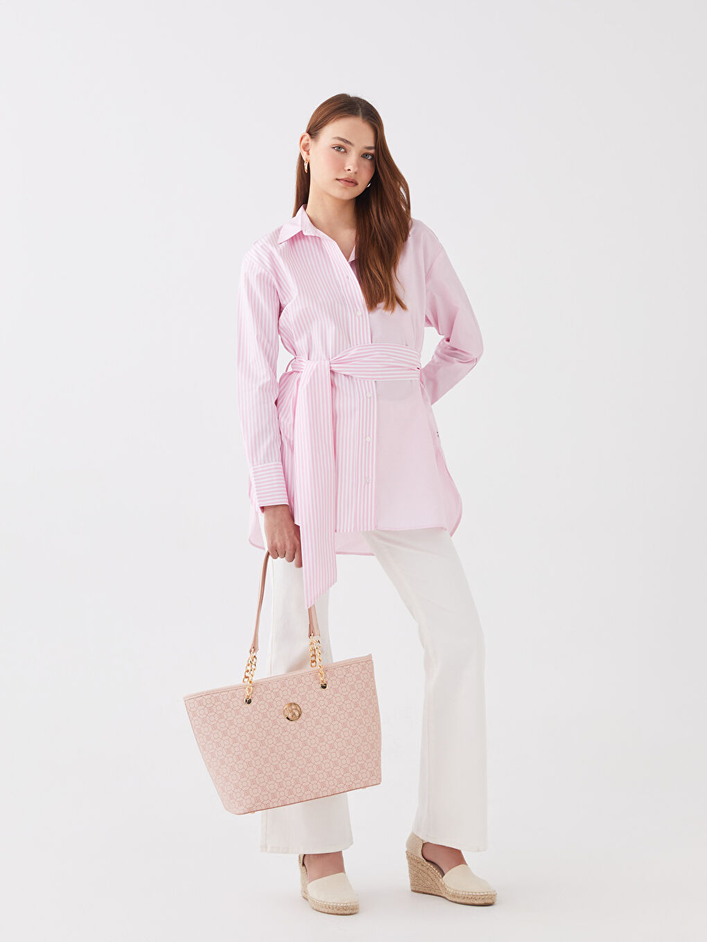 Pembe Monogram Desenli Kadın Tote Çanta-1