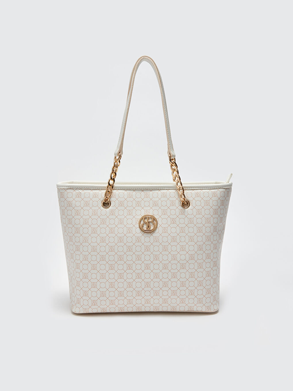 Beyaz Monogram Desenli Kadın Tote Çanta-2