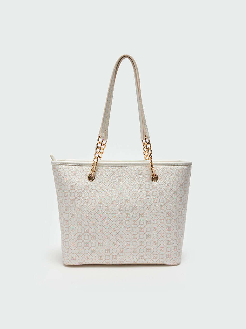 Beyaz Monogram Desenli Kadın Tote Çanta-4