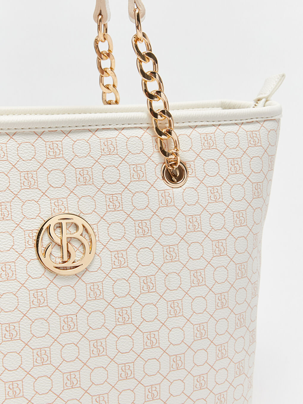 Beyaz Monogram Desenli Kadın Tote Çanta-5