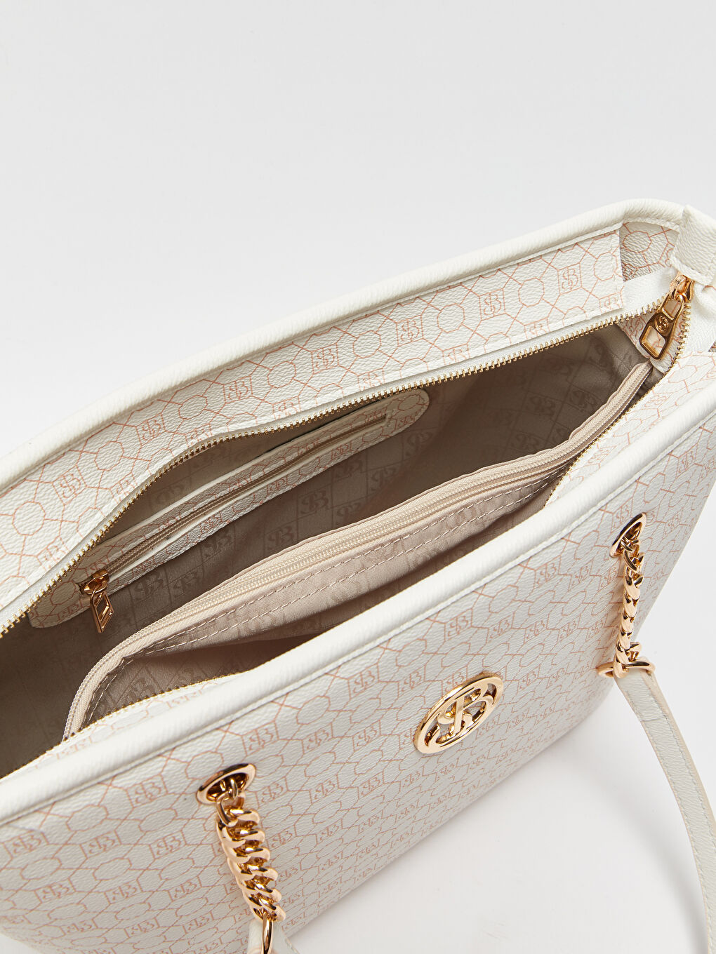 Beyaz Monogram Desenli Kadın Tote Çanta-6