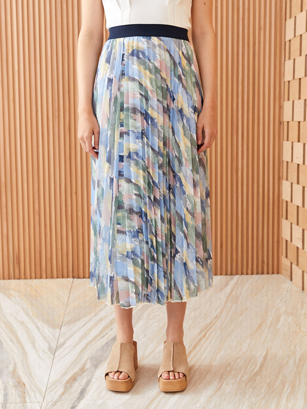 Elastic Waist Patterned Chiffon Women's Pleated Skirt -S3IK28Z8-LRK