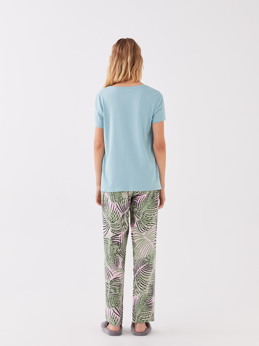 Crew Neck Plain Short Sleeve Women's Pyjama Set-3