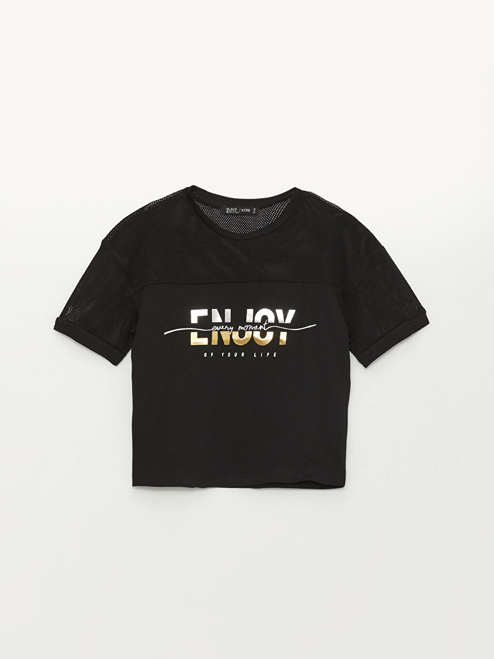 Siyah Bisiklet Yaka Baskılı Kısa Kollu Kız Çocuk Crop Tişört