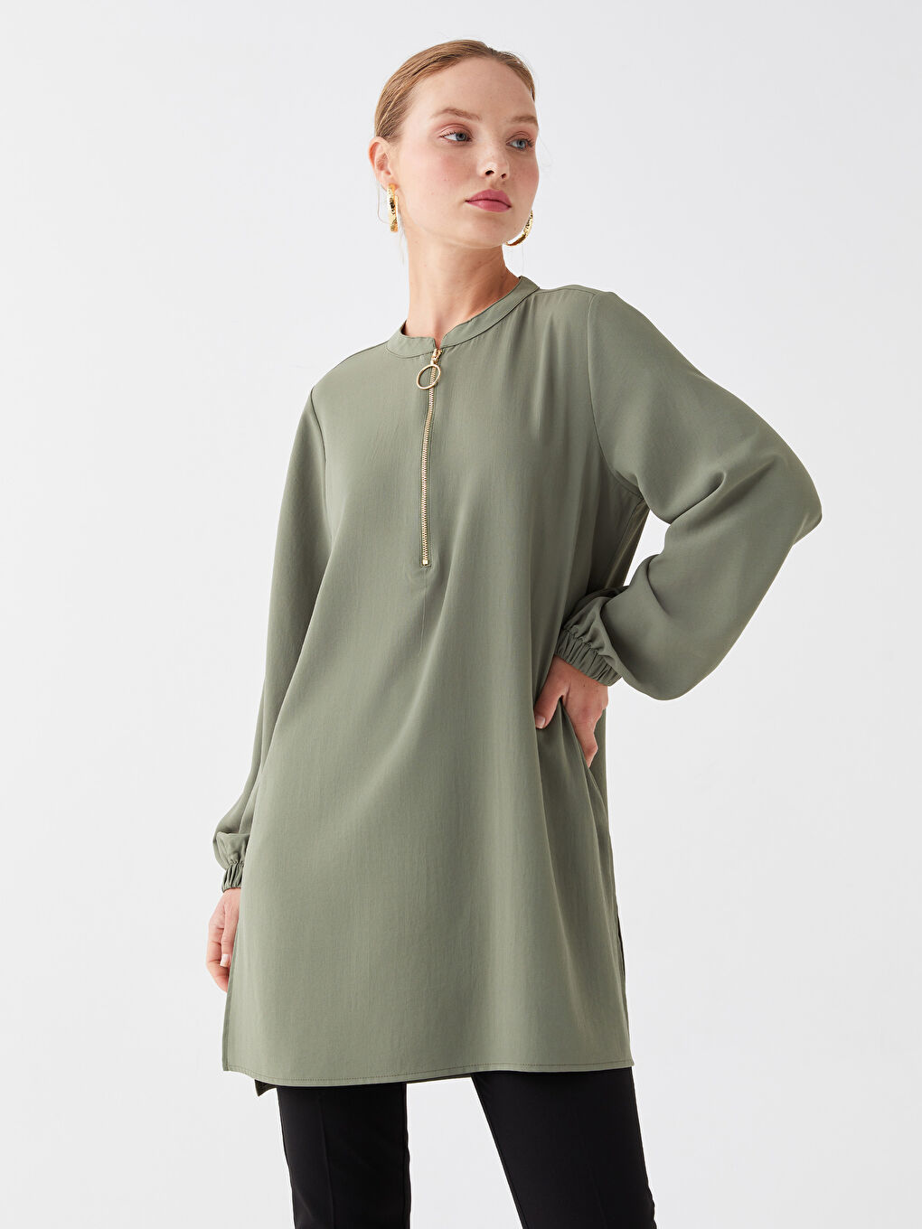 Tunique à Col Henley à Manches Longues pour Femmes-1