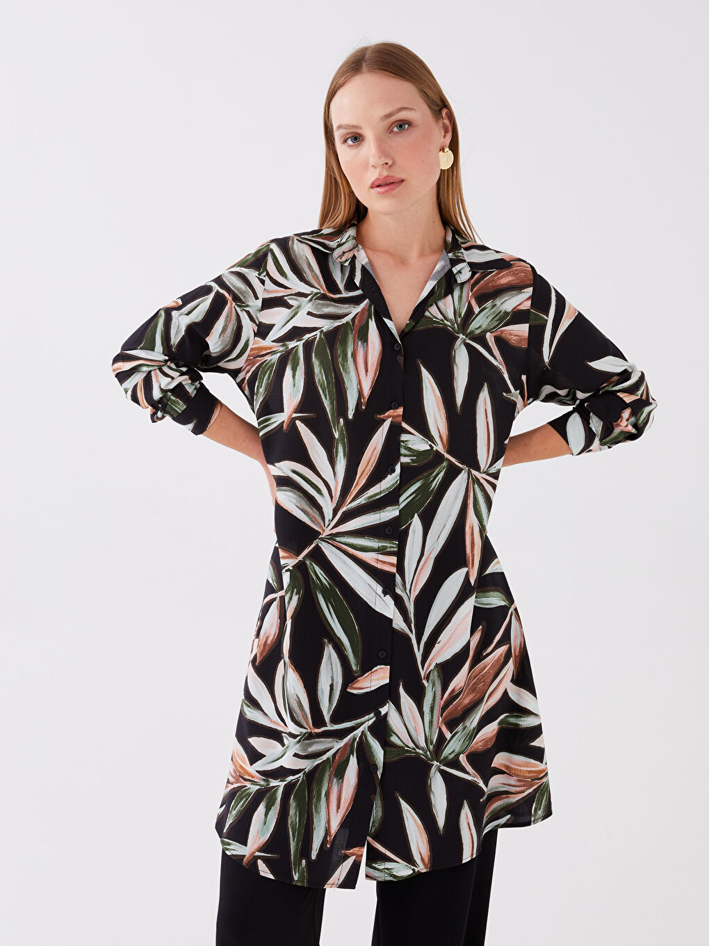 Yeşil Desenli Kadın Gömlek Tunik-1