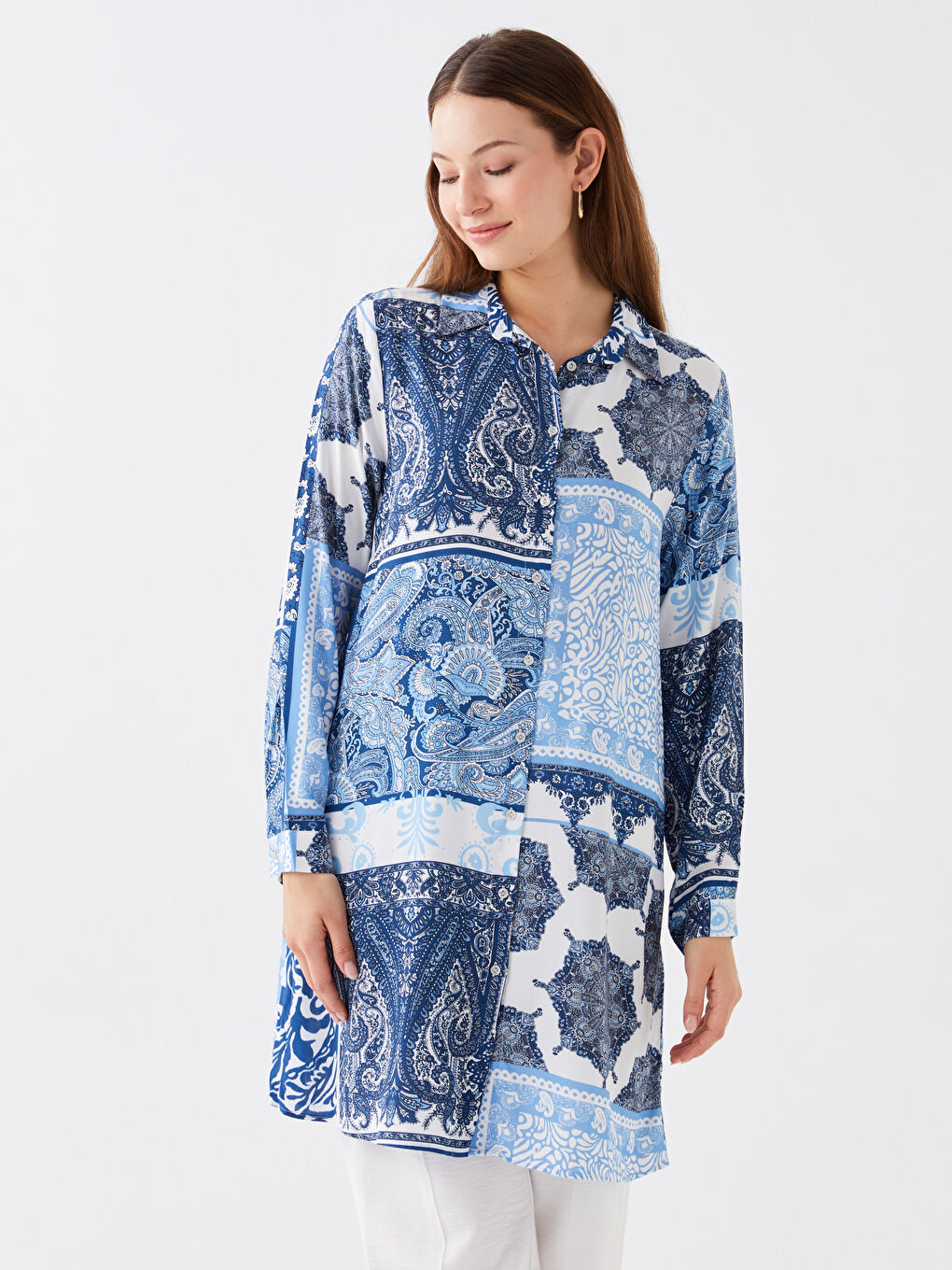 Lacivert Desenli Kadın Gömlek Tunik