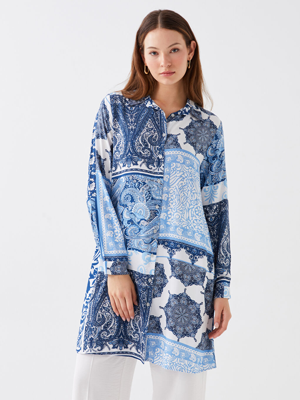 Lacivert Desenli Kadın Gömlek Tunik-2