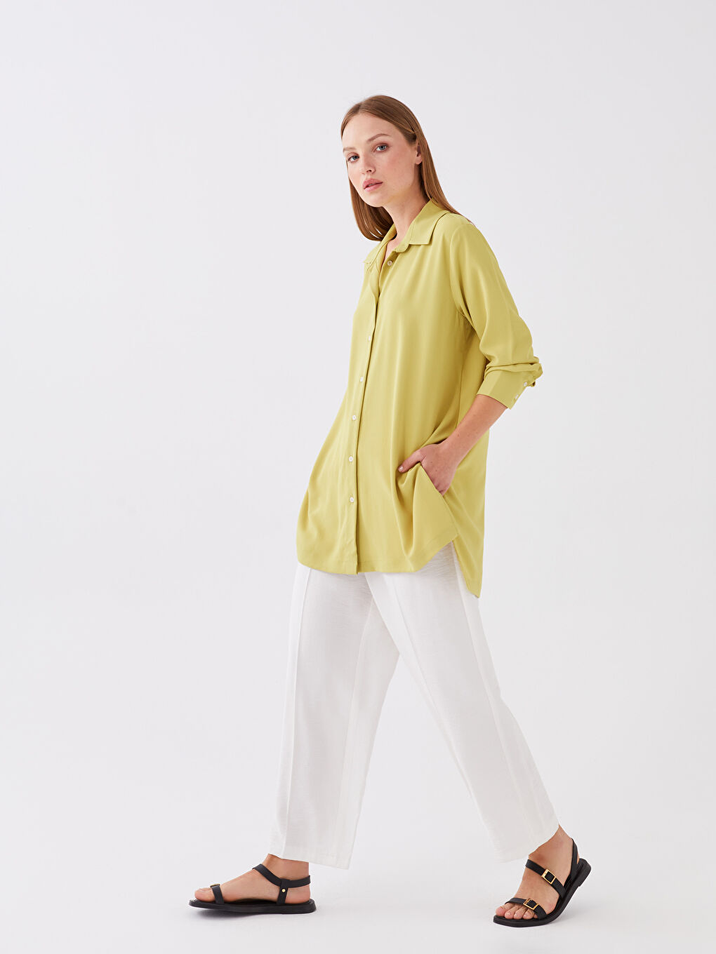 Sarı Düz Uzun Kollu Kadın Gömlek Tunik