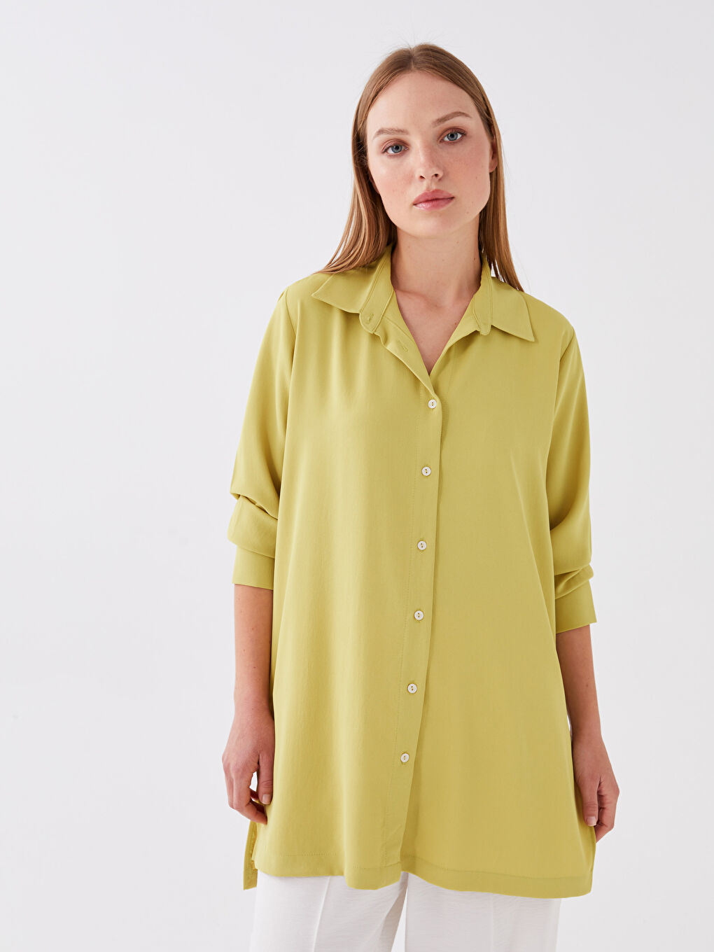 Sarı Düz Uzun Kollu Kadın Gömlek Tunik-1