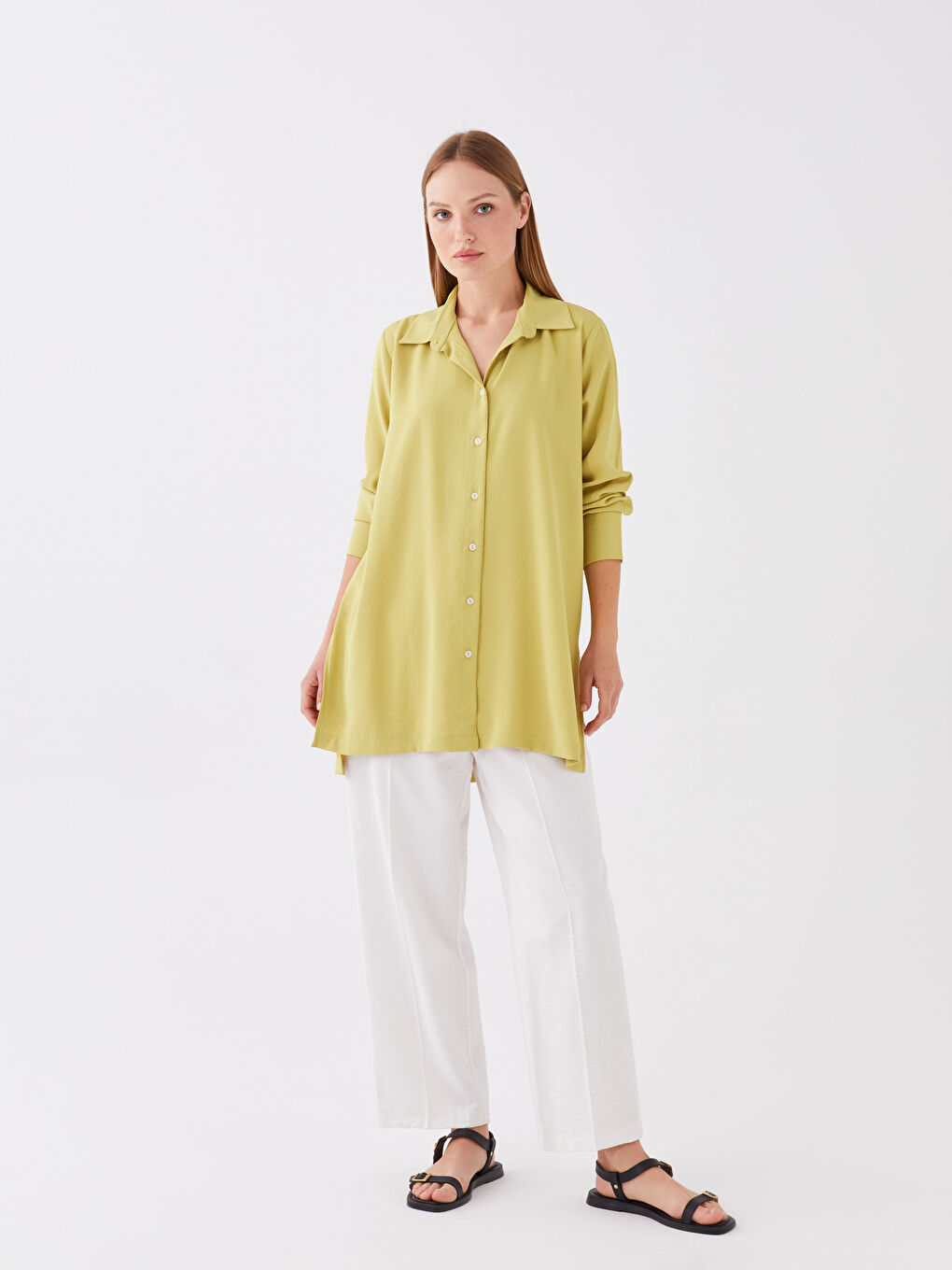 Sarı Düz Uzun Kollu Kadın Gömlek Tunik-2