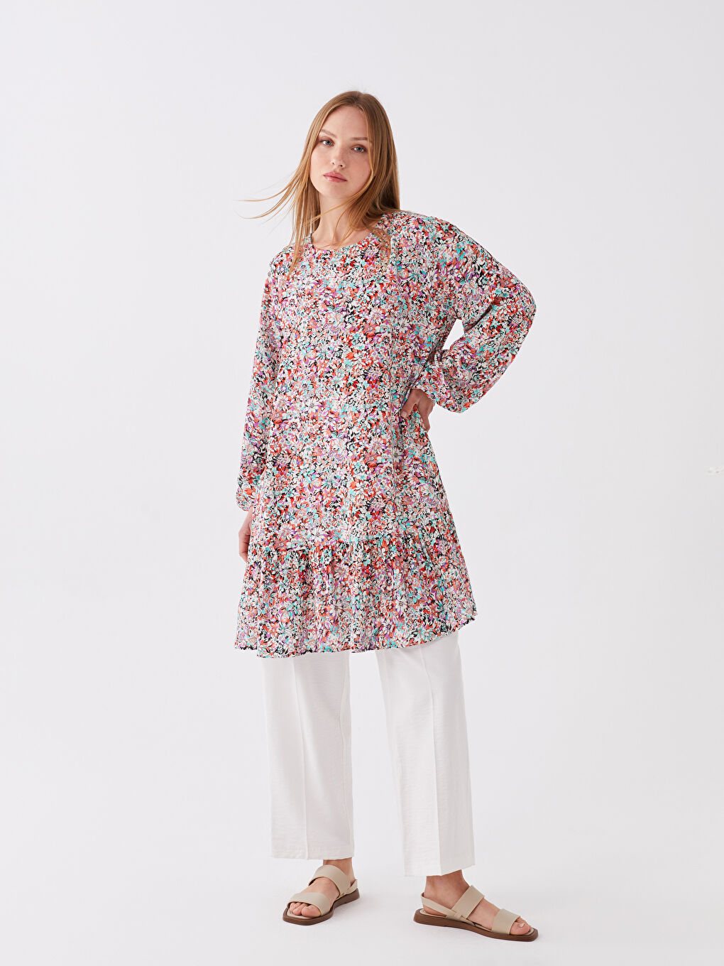 Karışık Bisiklet Yaka Çiçekli Uzun Kollu Kadın Tunik