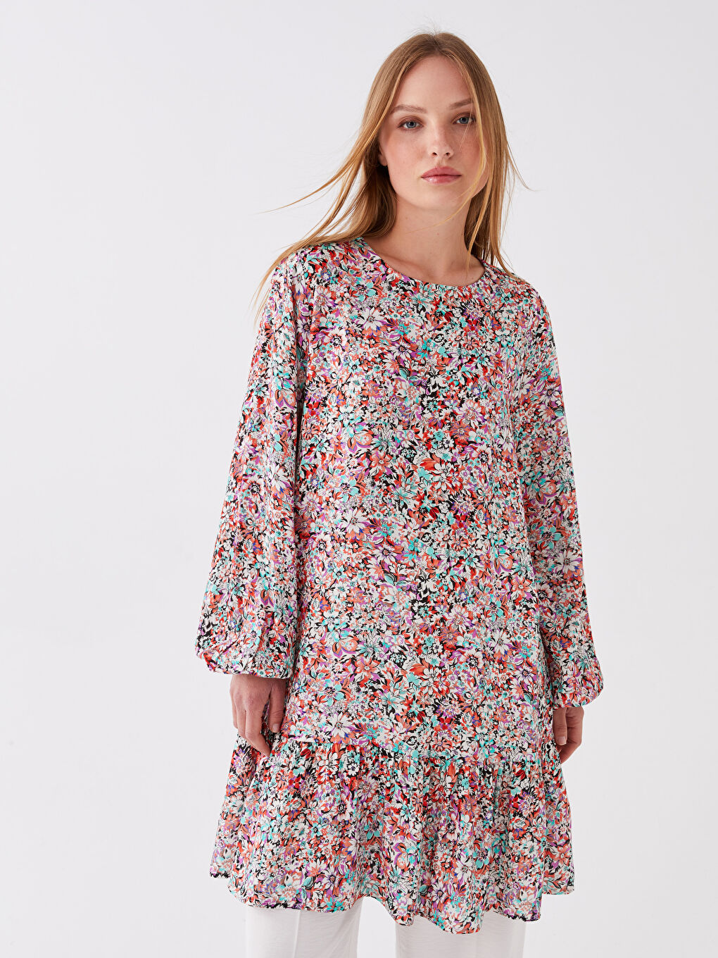 Karışık Bisiklet Yaka Çiçekli Uzun Kollu Kadın Tunik-1