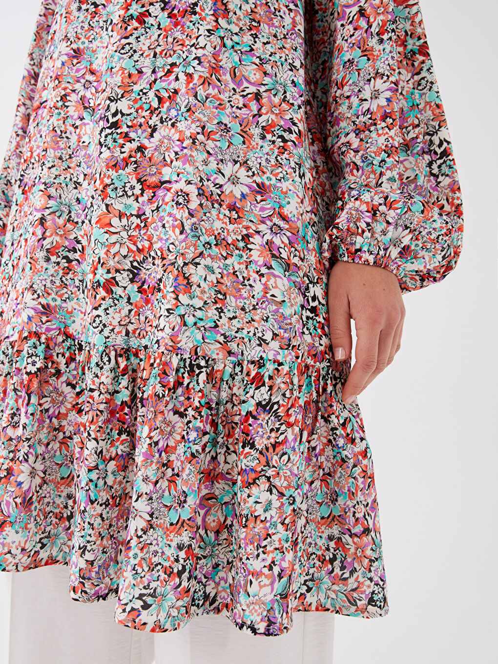 Karışık Bisiklet Yaka Çiçekli Uzun Kollu Kadın Tunik-2