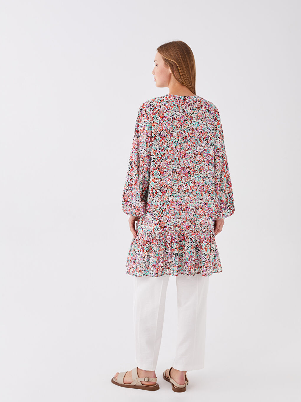 Karışık Bisiklet Yaka Çiçekli Uzun Kollu Kadın Tunik-3