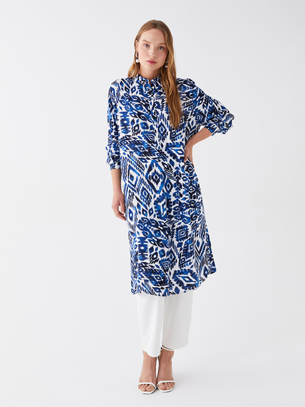 Tunique Chemise Oversize à Manches Longues à Motifs pour Femmes-1