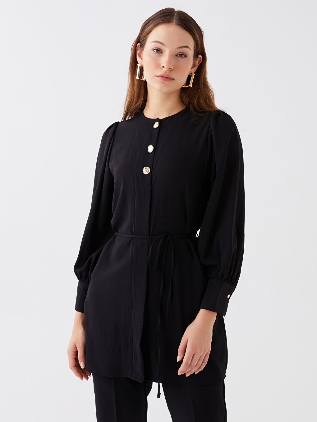 Crew Neck Plain Long Sleeve Women's Tunic-2