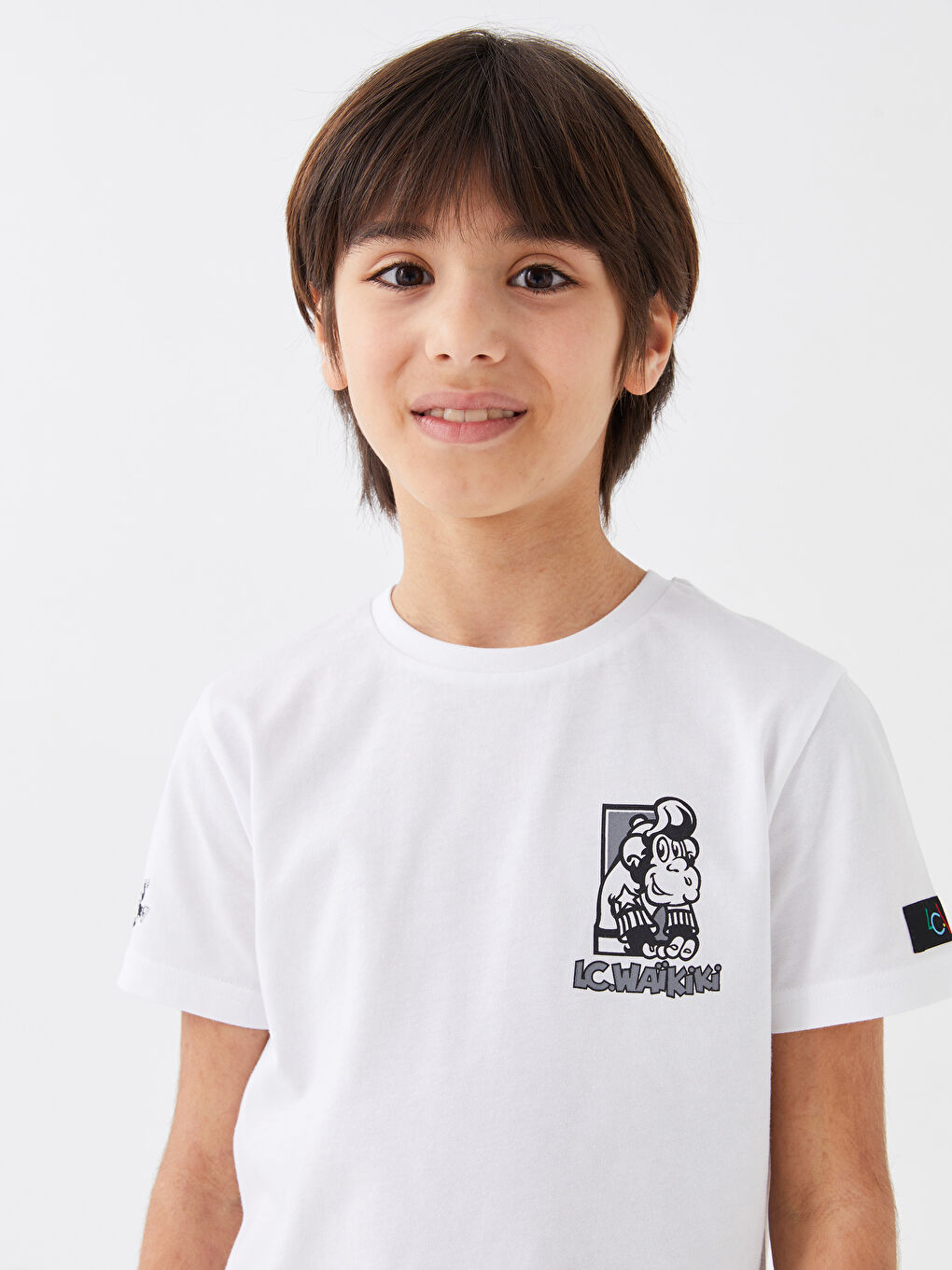 Beyaz Bisiklet Yaka Nostaljik Maymun Baskılı Kısa Kollu Unisex Çocuk Tişört-3