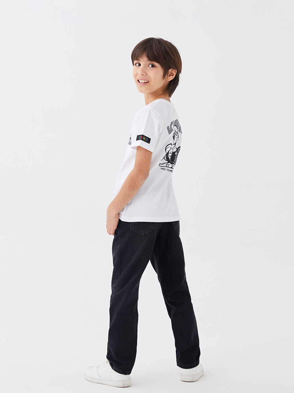 Beyaz Bisiklet Yaka Nostaljik Maymun Baskılı Kısa Kollu Unisex Çocuk Tişört-5