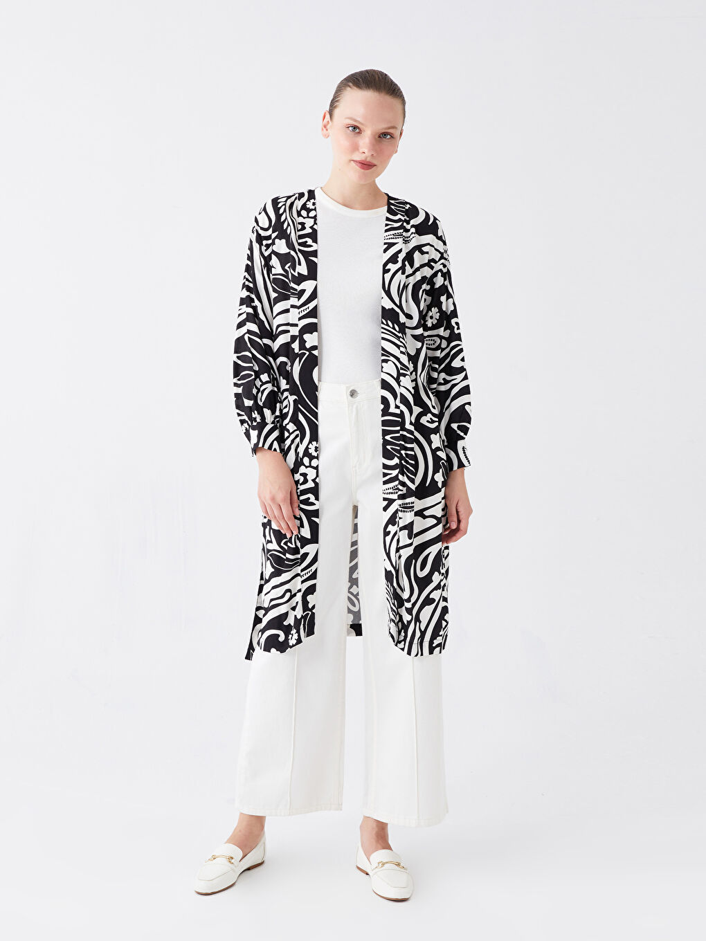 Siyah Şal Yaka Desenli Uzun Kollu Oversize Kadın Kimono-2