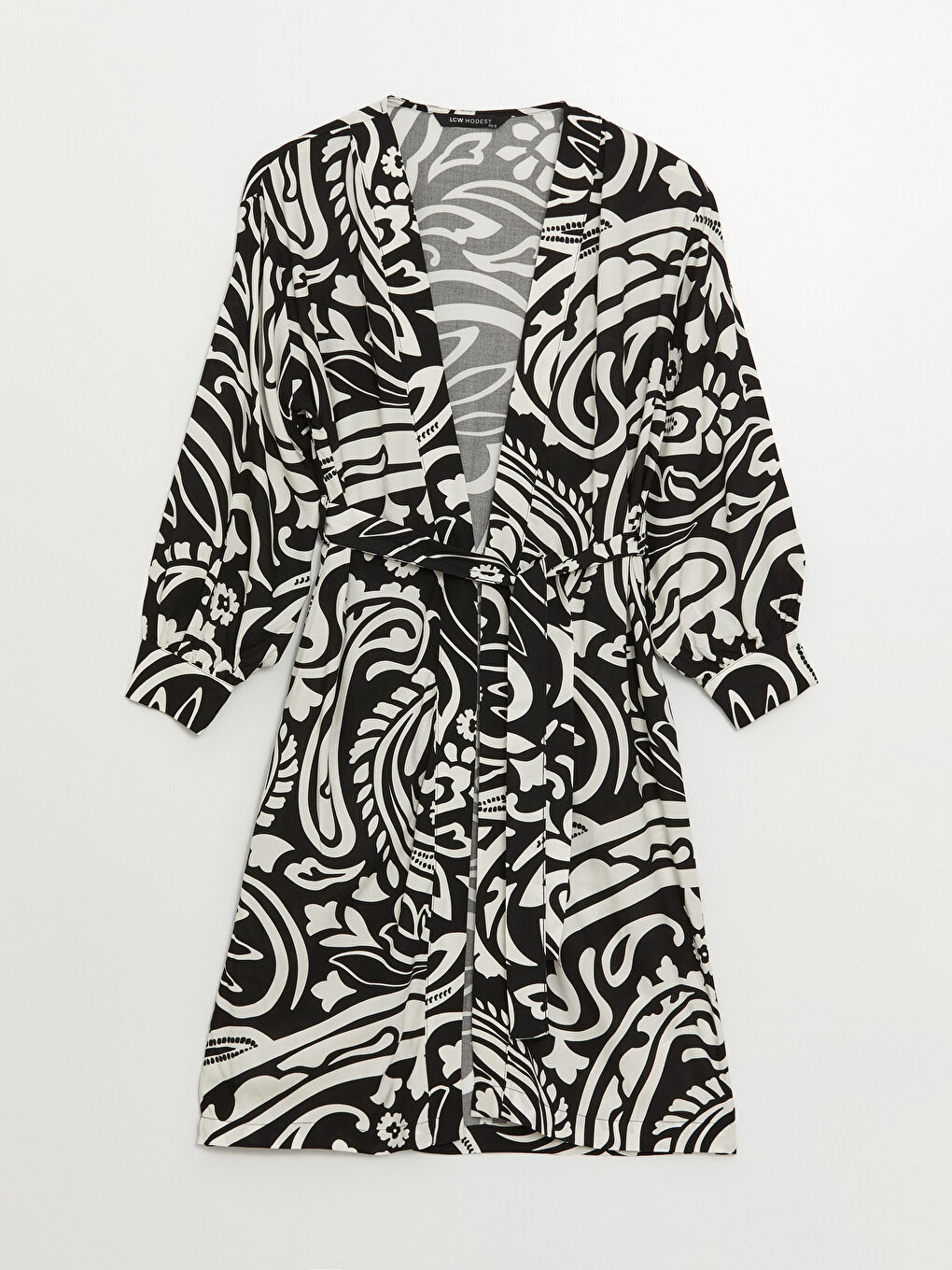 Siyah Şal Yaka Desenli Uzun Kollu Oversize Kadın Kimono-5