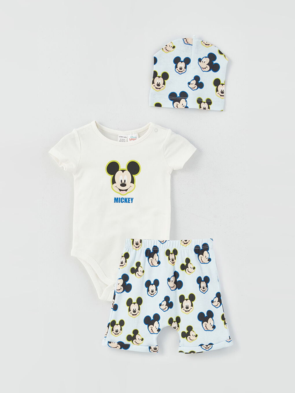 Ekru Bisiklet Yaka Kısa Kollu Mickey Mouse Baskılı Erkek Bebek 3'lü Takım