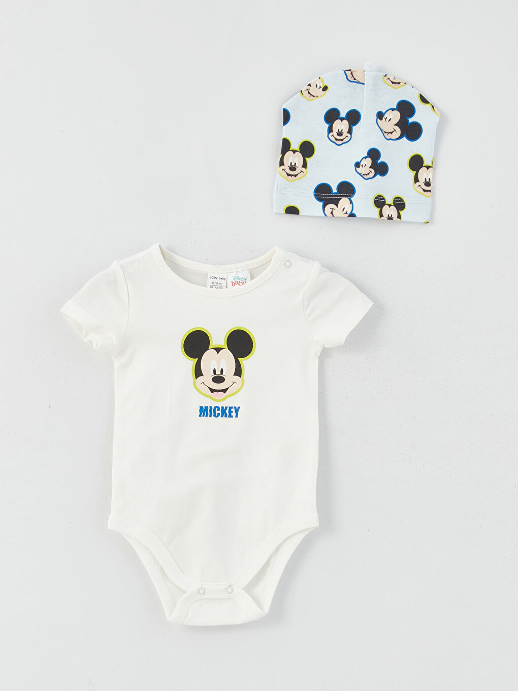 Ekru Bisiklet Yaka Kısa Kollu Mickey Mouse Baskılı Erkek Bebek 3'lü Takım-1