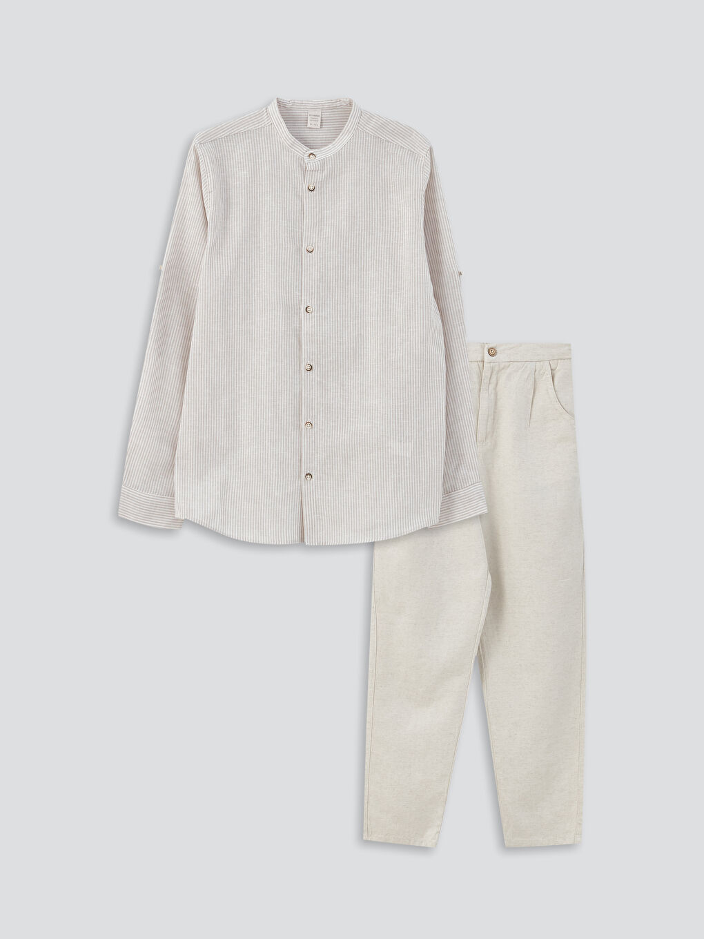 Ekru Hakim Yaka Keten Karışımlı Erkek Çocuk Gömlek ve Pantolon-1