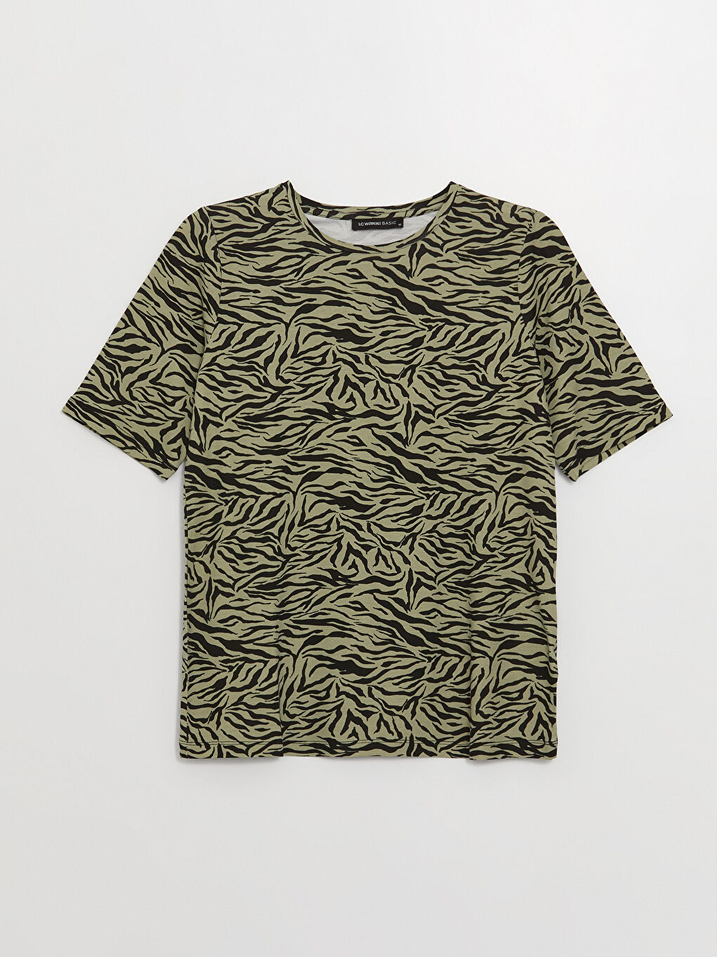 Yeşil Bisiklet Yaka Desenli Kısa Kollu Kadın Tişört-4